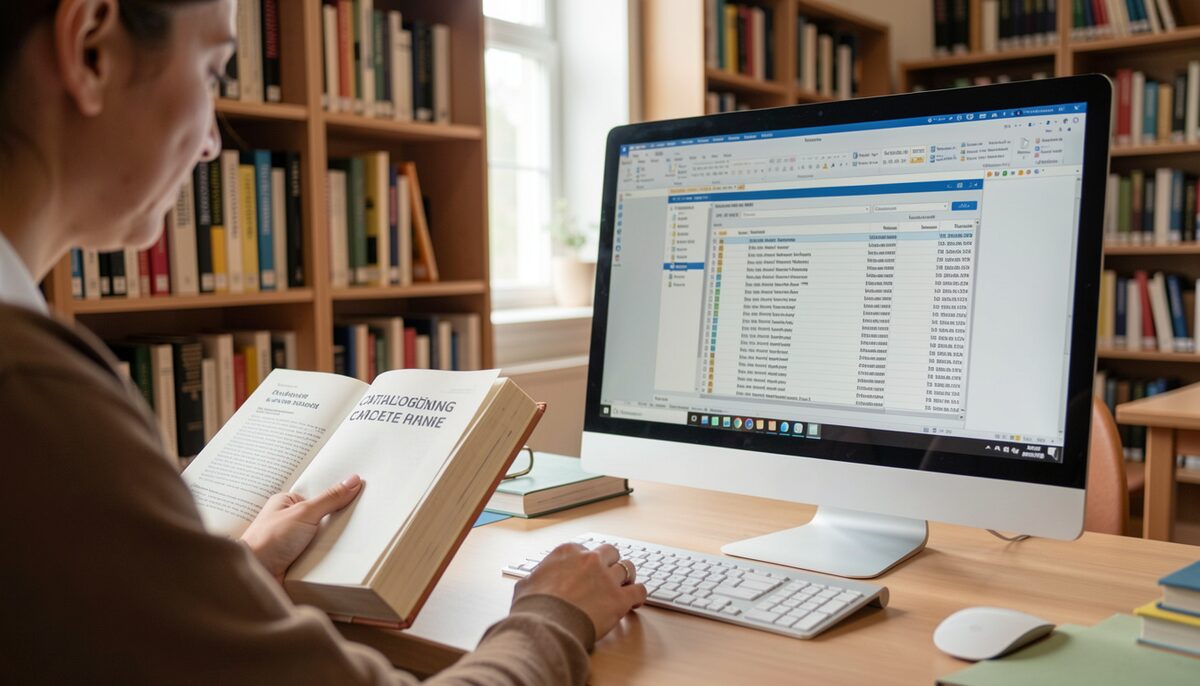 A librarian comparing printed cataloguing manuals beside a computer screen showing a metadata record form