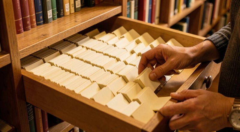 An open card-catalog drawer with rows of blank index cards, a librarian's hands sorting cards, warm library light