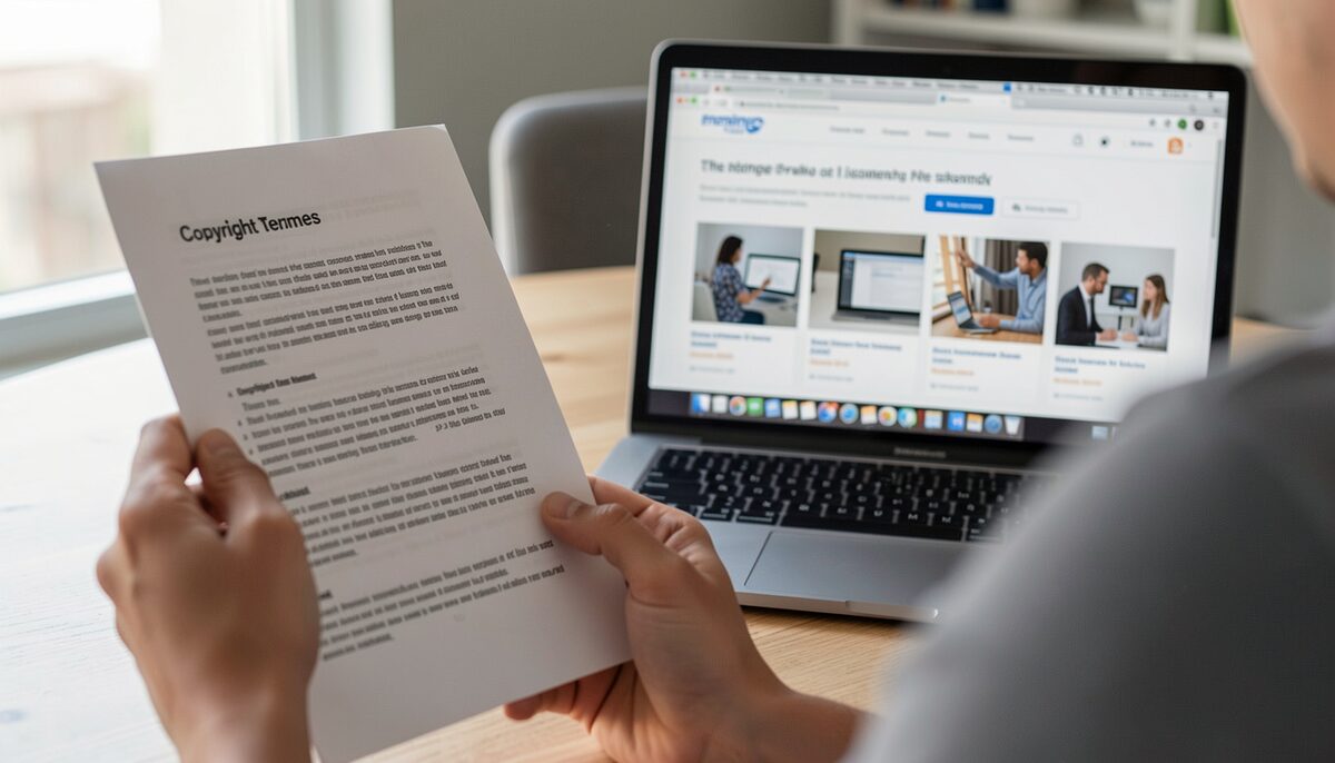 A person reviewing a printed copyright terms document beside a laptop showing an image licensing webpage