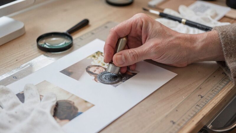 A photographer pressing a round embossing seal onto a photo print on a desk, a magnifier and cotton gloves beside
