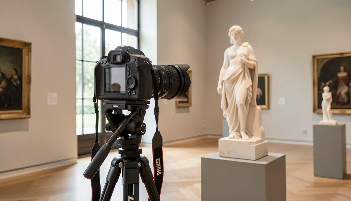 A large format camera on a tripod pointed at a marble sculpture in a museum gallery with natural light