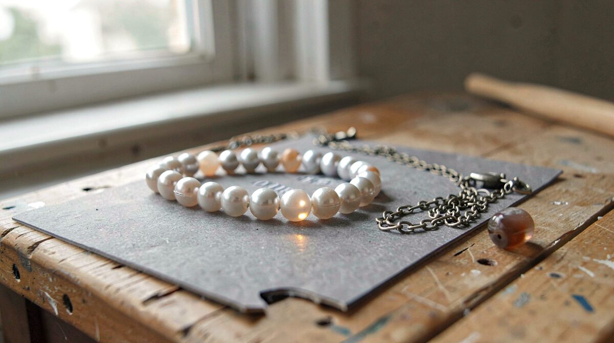 A small workbench in daylight with a strand of freshwater pearls, a tarnished silver chain and a loose dyed agate bead on grey card, shot from a low angle with a soft window light and one small highlight on the pearl.