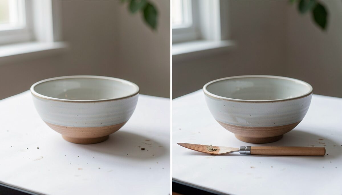 A side by side comparison on a light table of two photographs of the same ceramic bowl under different lighting