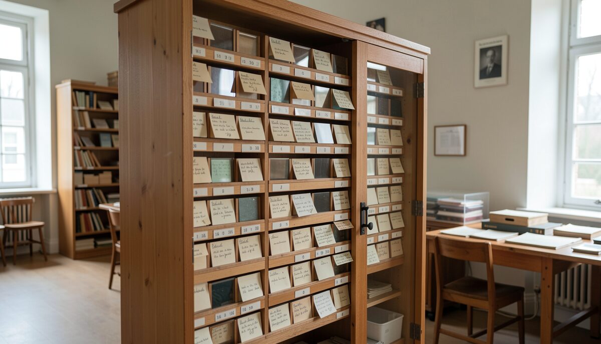 A wooden cabinet with rows of glass lantern slides and handwritten index cards in a museum archive room